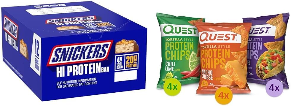 SNICKERS Hi Protein Arab Caramel Bar Bulk Box, Quest Tortilla Protein Chips Variety Pack