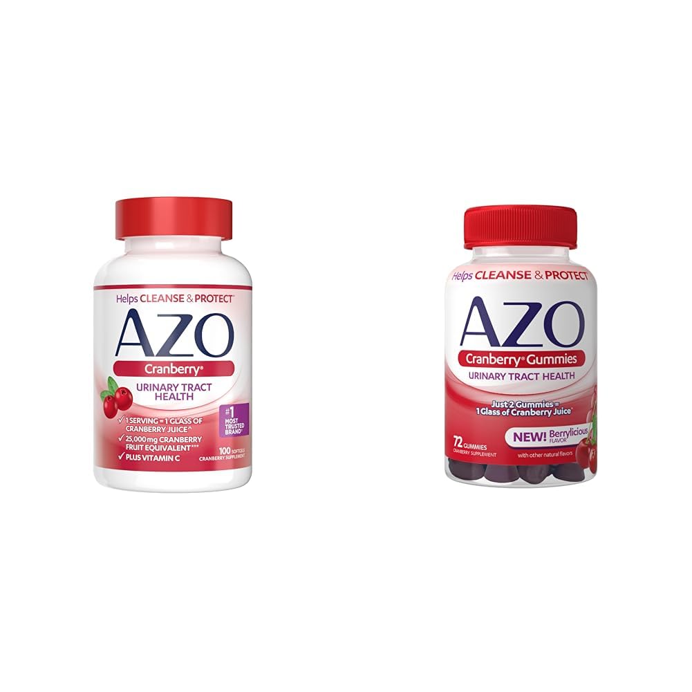 AZO Cranberry Urinary Tract Health Supplement Softgels & Gummies, 1 Softgel / Gummy = 1 skleněná brusinková šťáva, bez cukru, Non- GMO, 100 Softgels & 72 Gummies