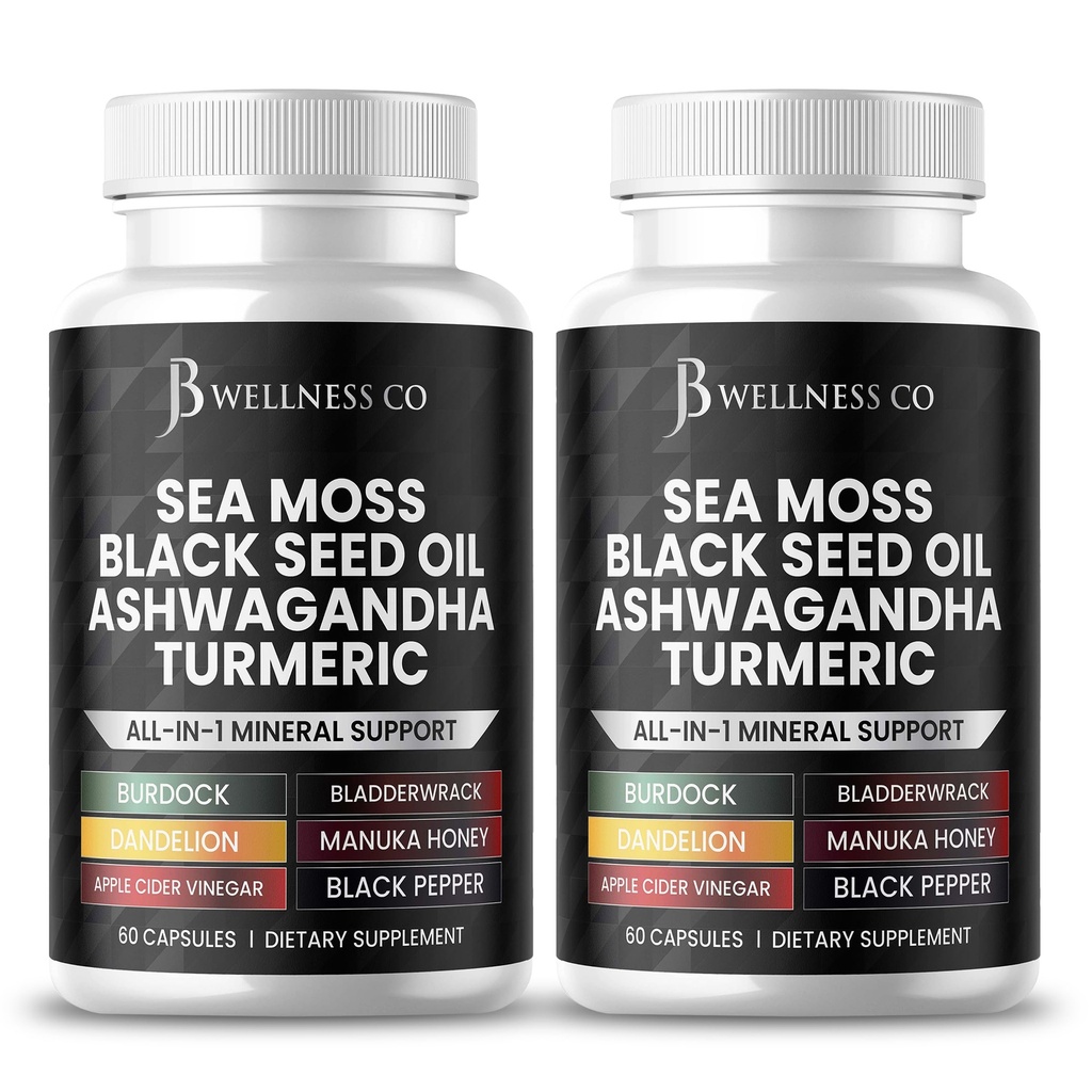 Sea Moss Black Seed Oil Ashwagandha Turmeric Bladderwrack Burdock - s Manukou, Honey Dandelion, ACV Black Pepper gluten Free- 120 Počet