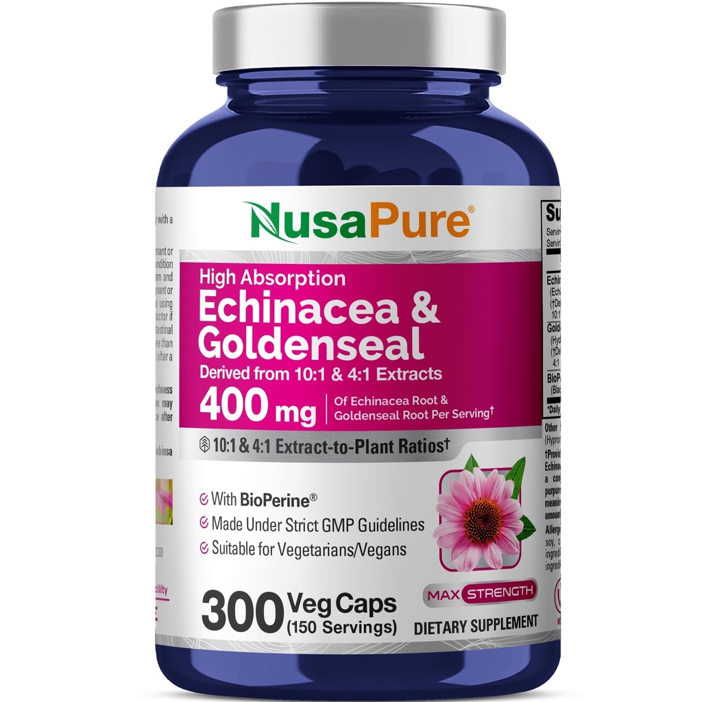 NusaPure Echinacea Goldenseal 200mg, (Extract 10: 1, Ekvivalentní pro 2,000mg), 200mg, (Extract 4: 1, Ekvivalentní pro 800mg) - 2800mg 300 Veggie Caps (Vegetarian, Non- GMO, Vegan)