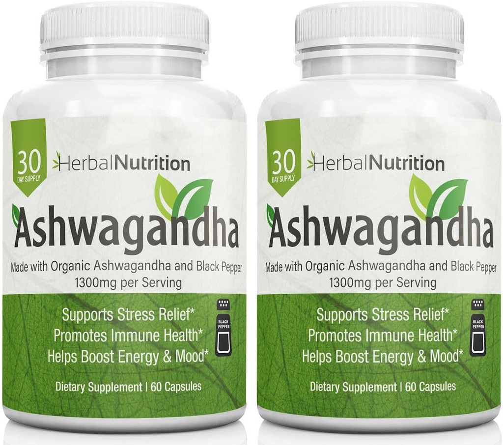 Herbal Nutrition Organic Ashwagandha 1300mg Max Strength, Two Bottle Pack, 120 Kapsle Plus Black Pepper pro Biologickou dostupnost