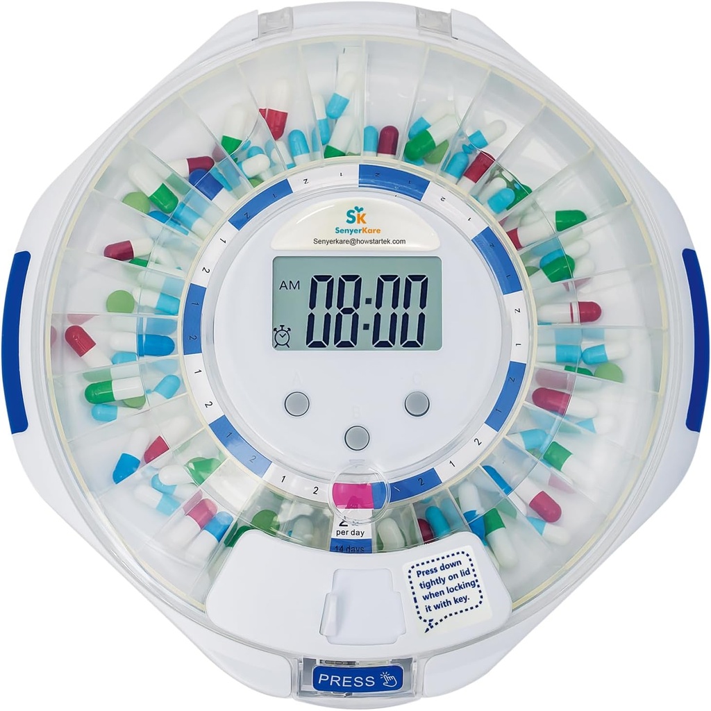 SenyerKare 28- den Automatický dávkovač pilulek s Alarm & Alzheimer 's Care, Pořadatel léků w / Easy- Přečtěte si LCD displej, Zvuk a světlo & Key Alerts pro léky, Vitamíny, doplňky, čirý Lid