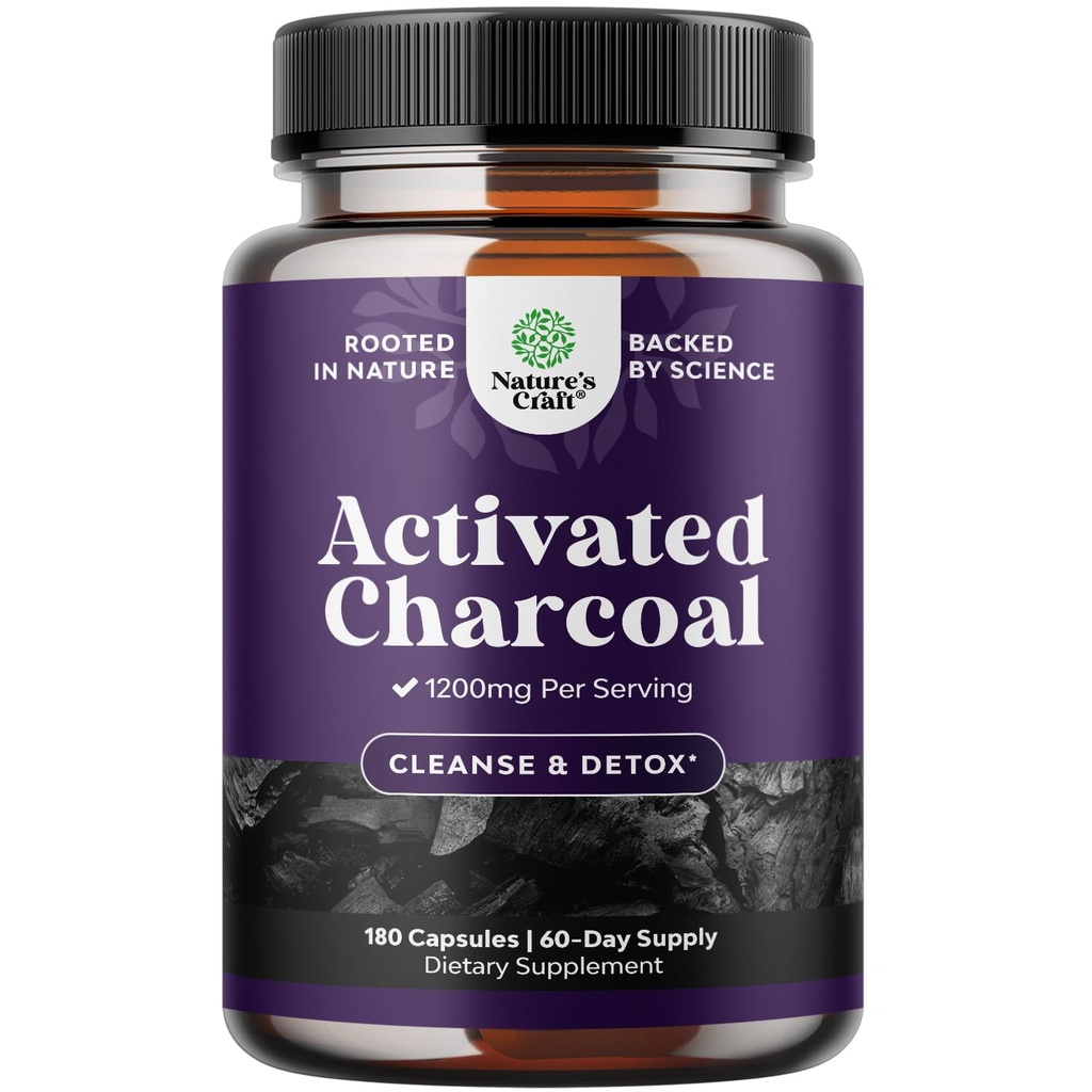 Natures Craft Activated Charcoal Pills Detox & Cleanse - Čisticí kokosové kapsle s 1200 mg per Serving for Bloating Relief - Active Detox Supplement for Body & Gut Health -180 Count