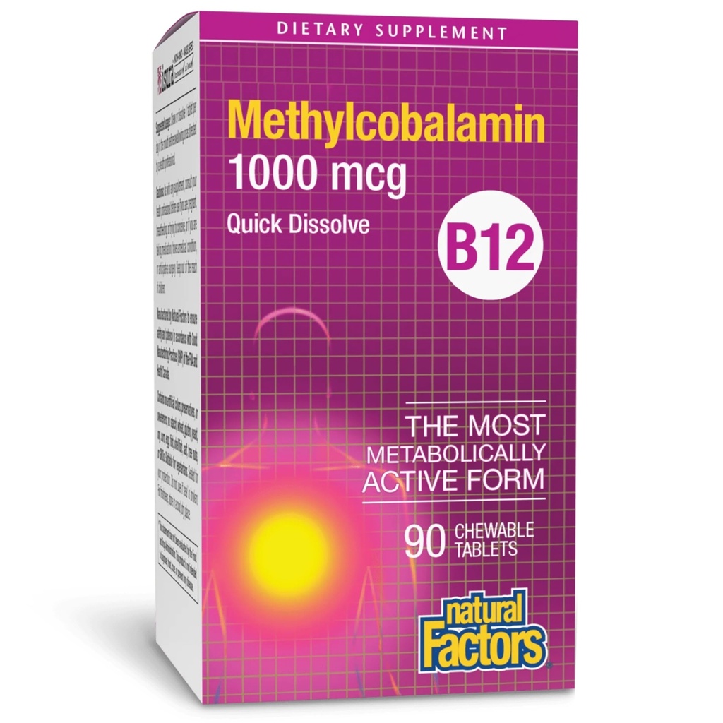Přírodní faktory, Vitamin B12 Methylkobalamin 1000 mcg, Žvýkací podpora pro energetické a imunitní zdraví, Vegetarián, Gluten Free, 90 tablet (90 porcí)