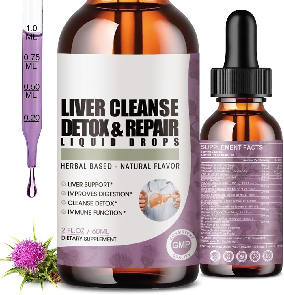 2 Pack Játra čisticí detox & opravit kapalné kapky s mléčným bodlákem, Artyčoky extrakt, doplněk jater pro vyčištění jater & Detox, antioxidant, stravovací podpora, Vegan - 4 Fl Oz