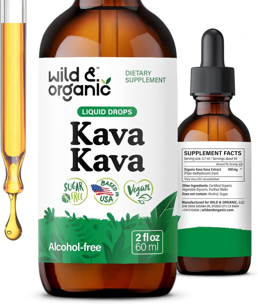 Wild & Organic Kava Kava Tincture 400 mg - Mood Support Supplement - Calming Root Extract Liquid Drops - 2-Month Supply - Vegan, Sugar & Alcohol- Free Drops - 2 fl oz