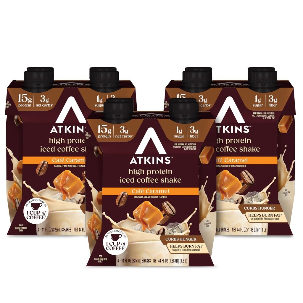 Atkins Café Café Karamel Ledová káva Ochucené protein Shake, Vysoký protein Shake, Nízké Glycemické, Nízké sacharidy a nízký cukr, Keto Friendly, Gluten Free, 12 Počet