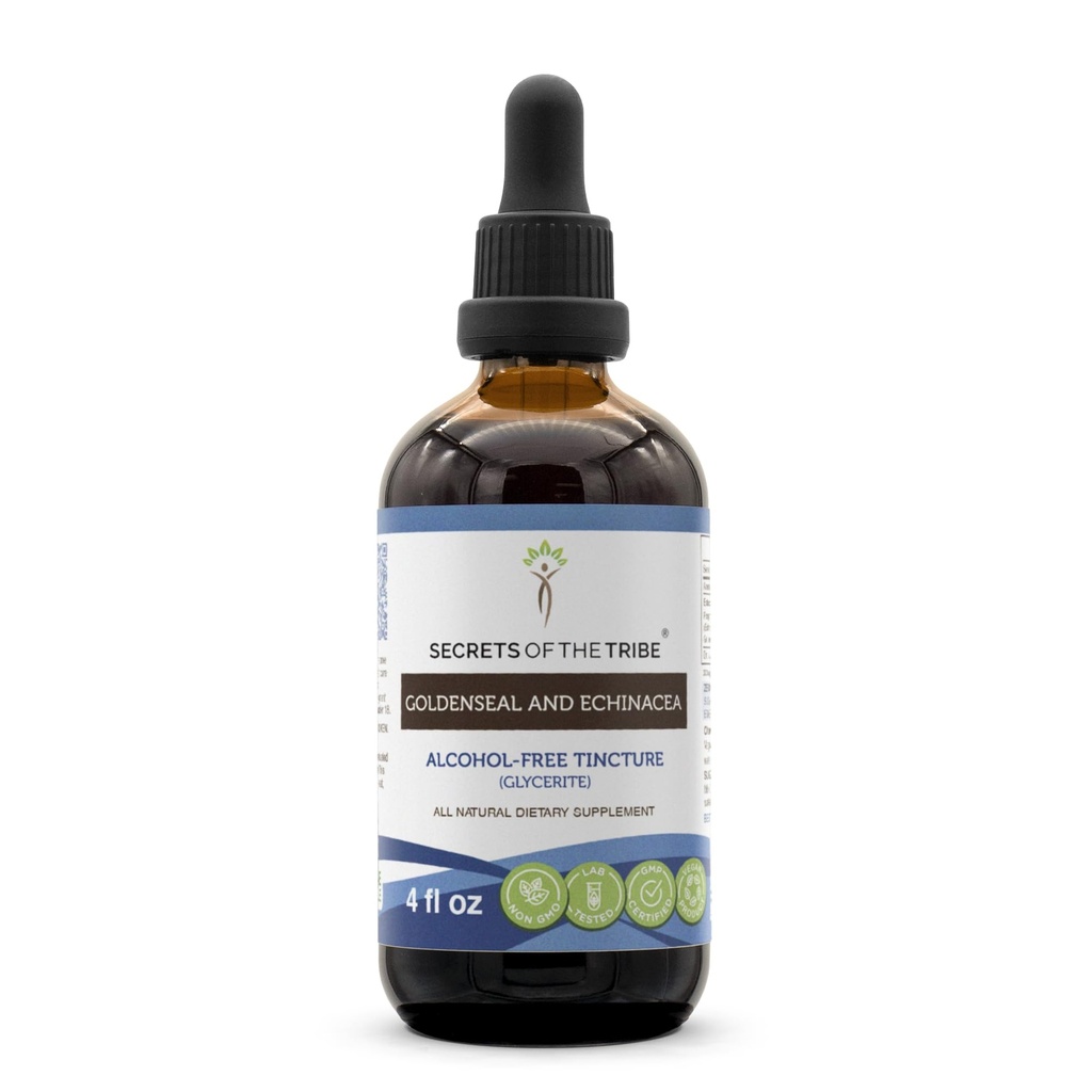 Tajemství Tribe Goldenseal a Echinacea Alcohol- Free Liquid Extract, Byliny (Echinacea Root (Echinacea Purpurea), Goldenseal Root (Hydrastis Canadensis)) Dodatek k tinktuře (4 FL OZ)