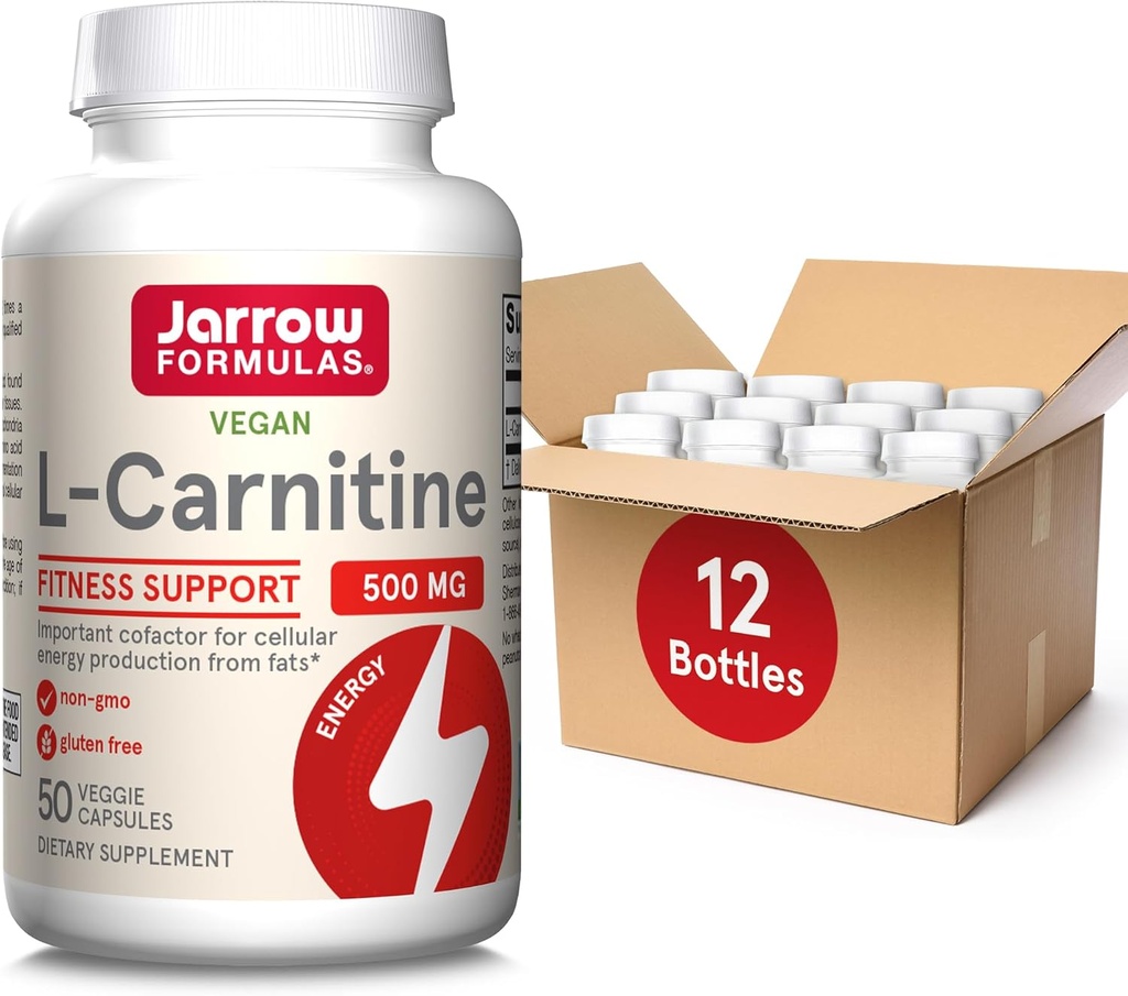 Jarrow Diplomas L- Carnitin 500 mg, Dietní dodatek, Podpora pro výrobu celulární energie, 50 Veggie Kapsle, 50 denní zásobování denně (balení po 12)