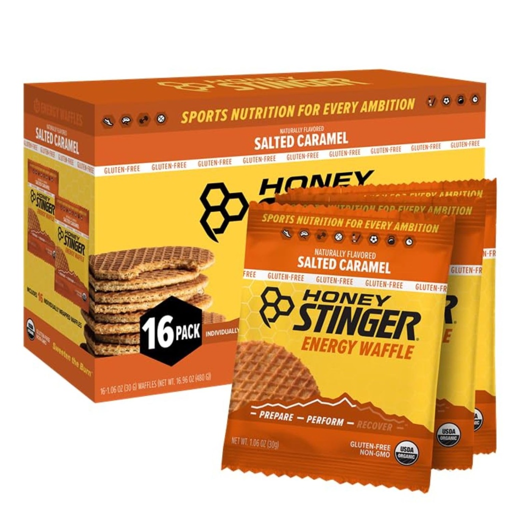 Med Stinger Organic Gluten Volný slaný karamel waffle, Energy Strooplatbel pro cvičení, Vytrvalost a výkon, Sportovní výživa pro domácí & Gym, Pre & Post cvičení, Krabice 16 Waffles, 16.96 Oz