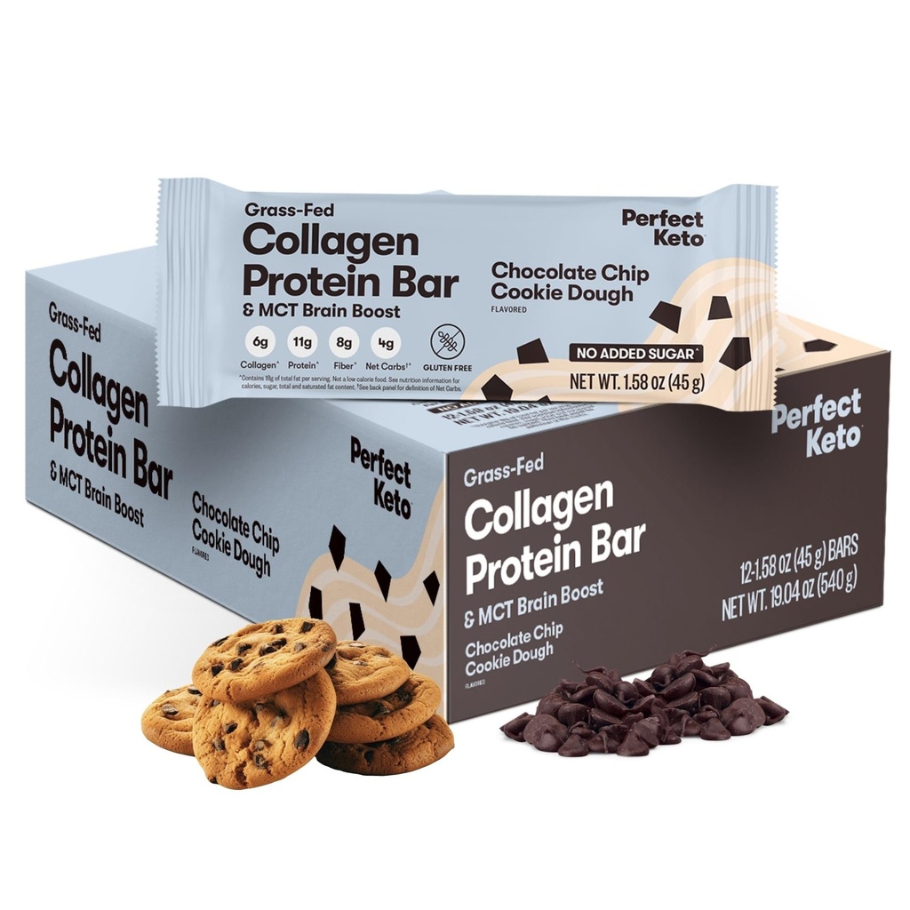 Perfect Collagen Protein Bary, Gluten Free Grass Fed Collagen + MCT Olej, Nízký karb, No Cukr Přidáno, High Protein Snacks, Keto dietní potraviny, 11g Protein, 18g Tuk, 3g Net Carbs, Chocolate Chip, 12 Bary