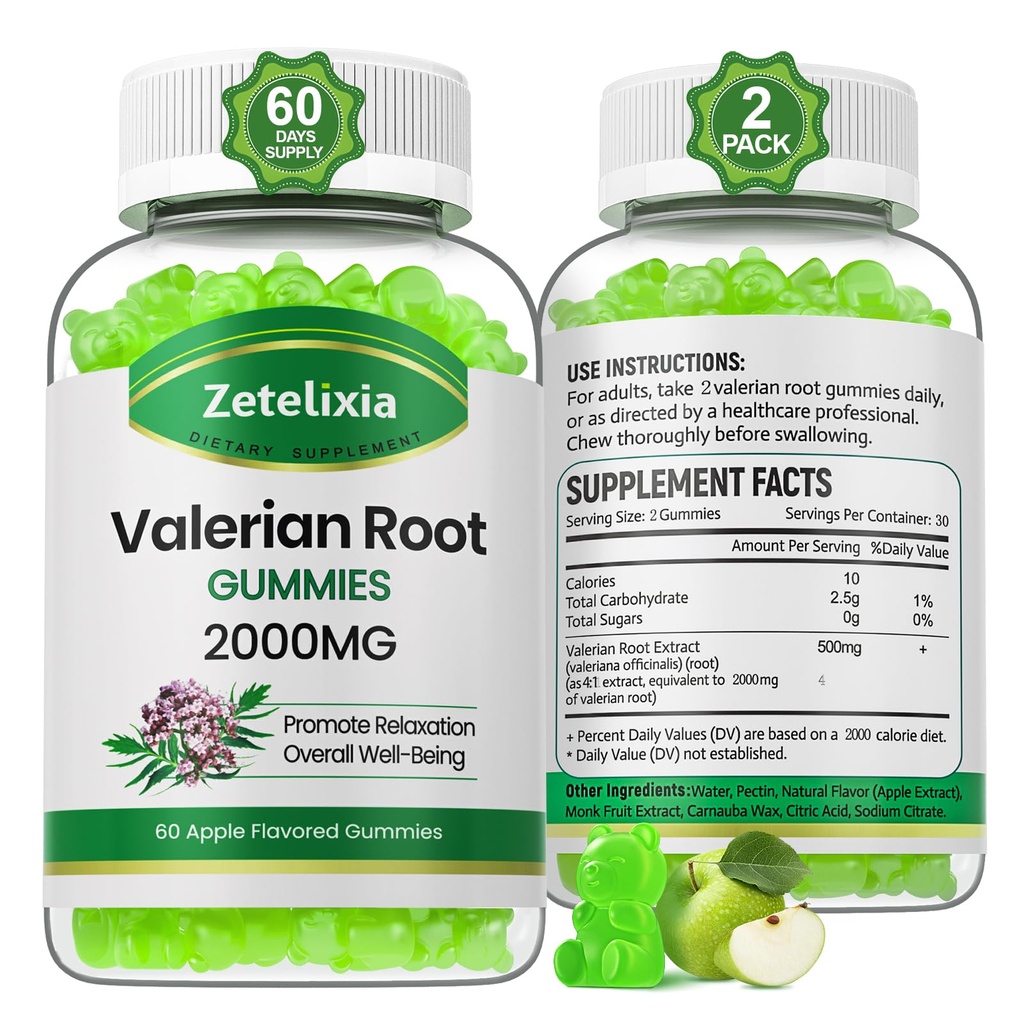 2 Pack Organic Valerian Root Gummies, Bylinný dodatek pro relaxaci a nálady podporu, Spánkové gumy bez melatoninu pro dospělé, Vegan, Non- GMO, Apple Flavor, 120 Počet