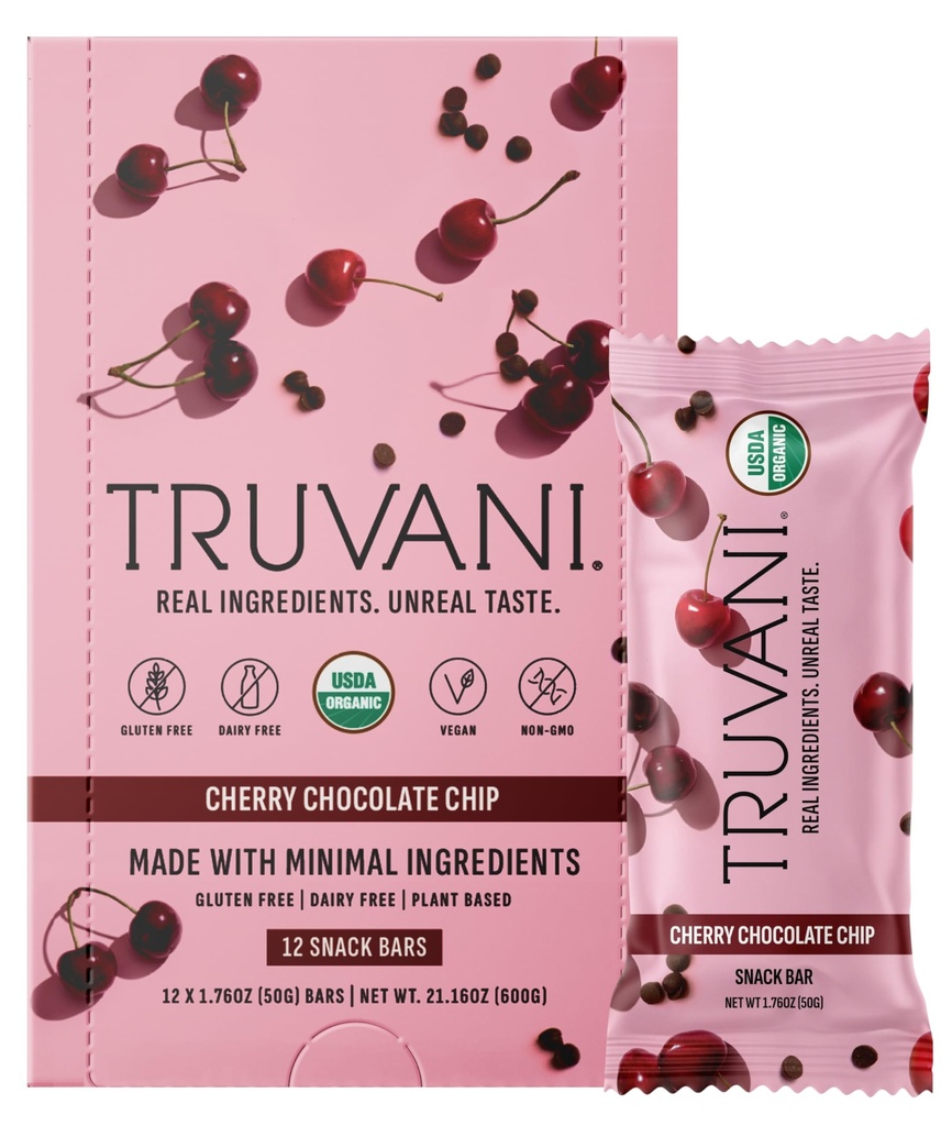 Truvani rostlin na bázi snack bary 124; Cherry Chocolate Chip 12 balení 124; 5g protein 124; USDA organické a veganské 124; jediný bar 124; mléčné, sójové a gluten zdarma 124; jednotlivě zabalené