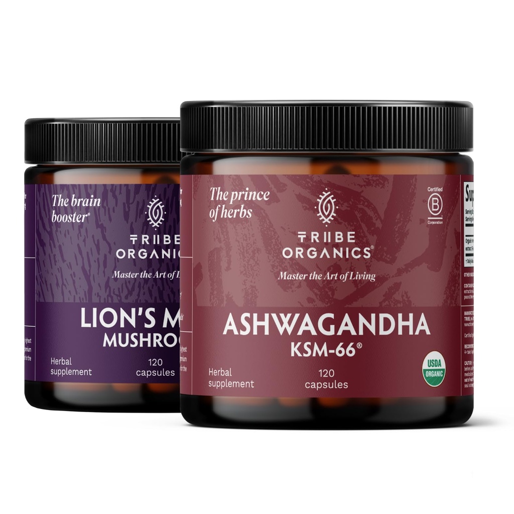 TRIBE ORGANICS NOOTROPIC Duo - KSM66 Ashwagandha + hříva organického lva - Mimo zaměření, povědomí a zdraví mysli