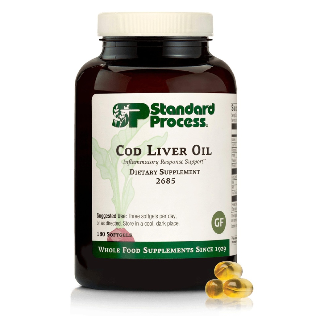Standard Process Cod Jaterní olej - AIDS Zdravá kůže a oči s Omega-3 mastné kyseliny a vitaminy A a D - Kostní a zubní podpora zdraví - Gluten- Free, Non-Dairy & Non-Soy - 180 Softgels (60 Servings)