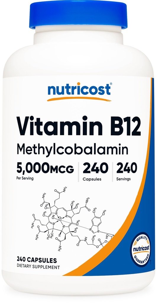 Nutricost vitamin B12 (methylkobalamin) 5000mcg, 240 Kapsle - Vegetariánské Caps, Non- GMO, gluten zdarma B12 dodatek
