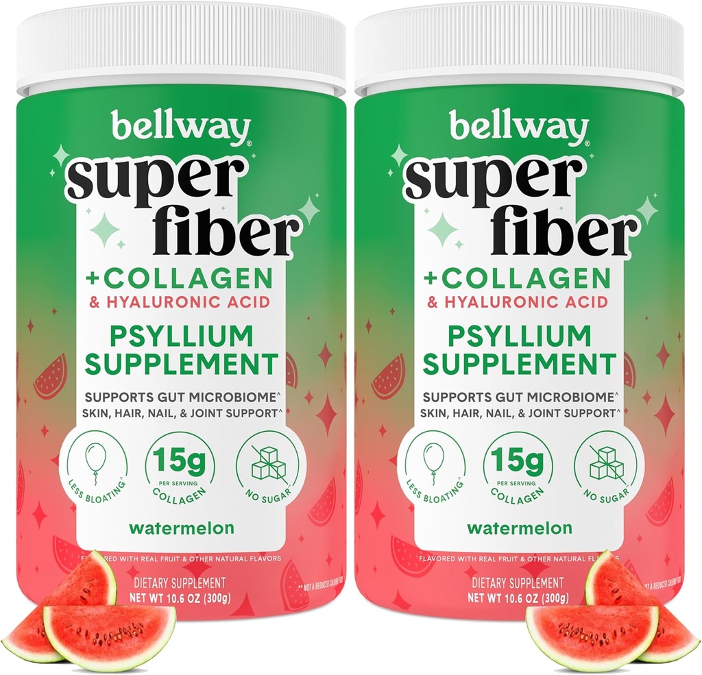 Bellway Super Fiber Powder + Collagen (2 Pack), Sugar- Free Psylium Husk Powder with Collagen Peptides and Hyaluronic Acid for Gut Health, Zdravá kůže, hřebíky, kosti & Joints, Meloun (21.2 oz)