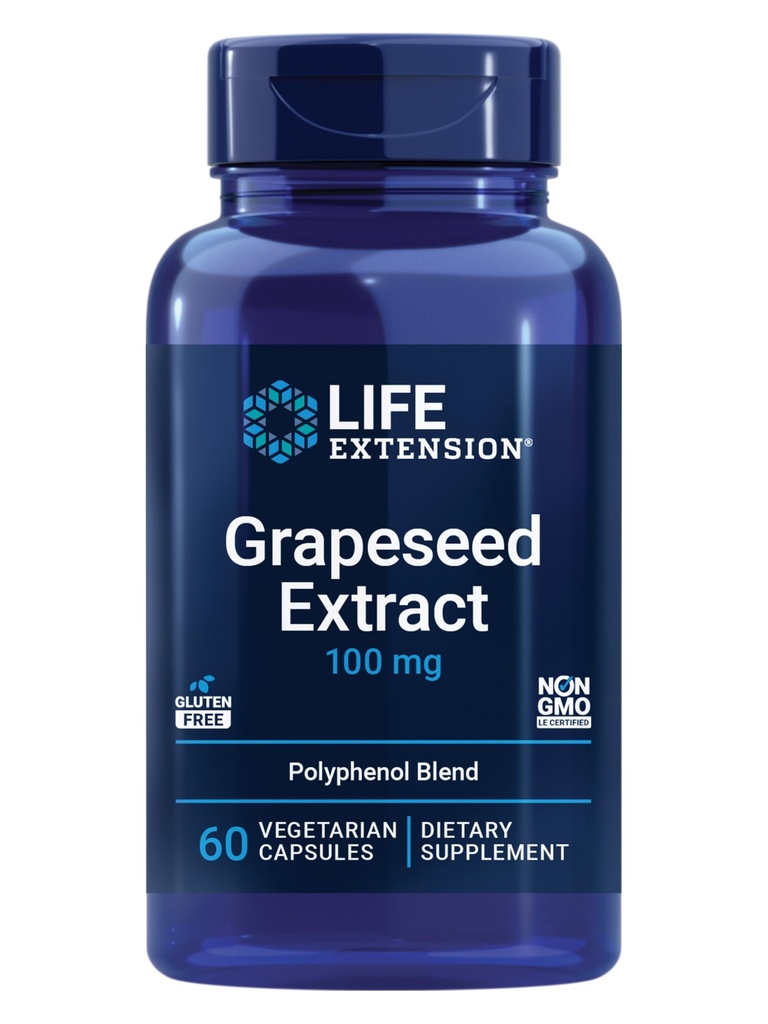 Life Extract Grapeseed Extract, Vitamin C, vápník, resveratrol, polyfenoly, kardiovaskulární zdraví, antioxidační ochrana, gluten- free, Non- GMO, Vegetarian, 60 Kapsle