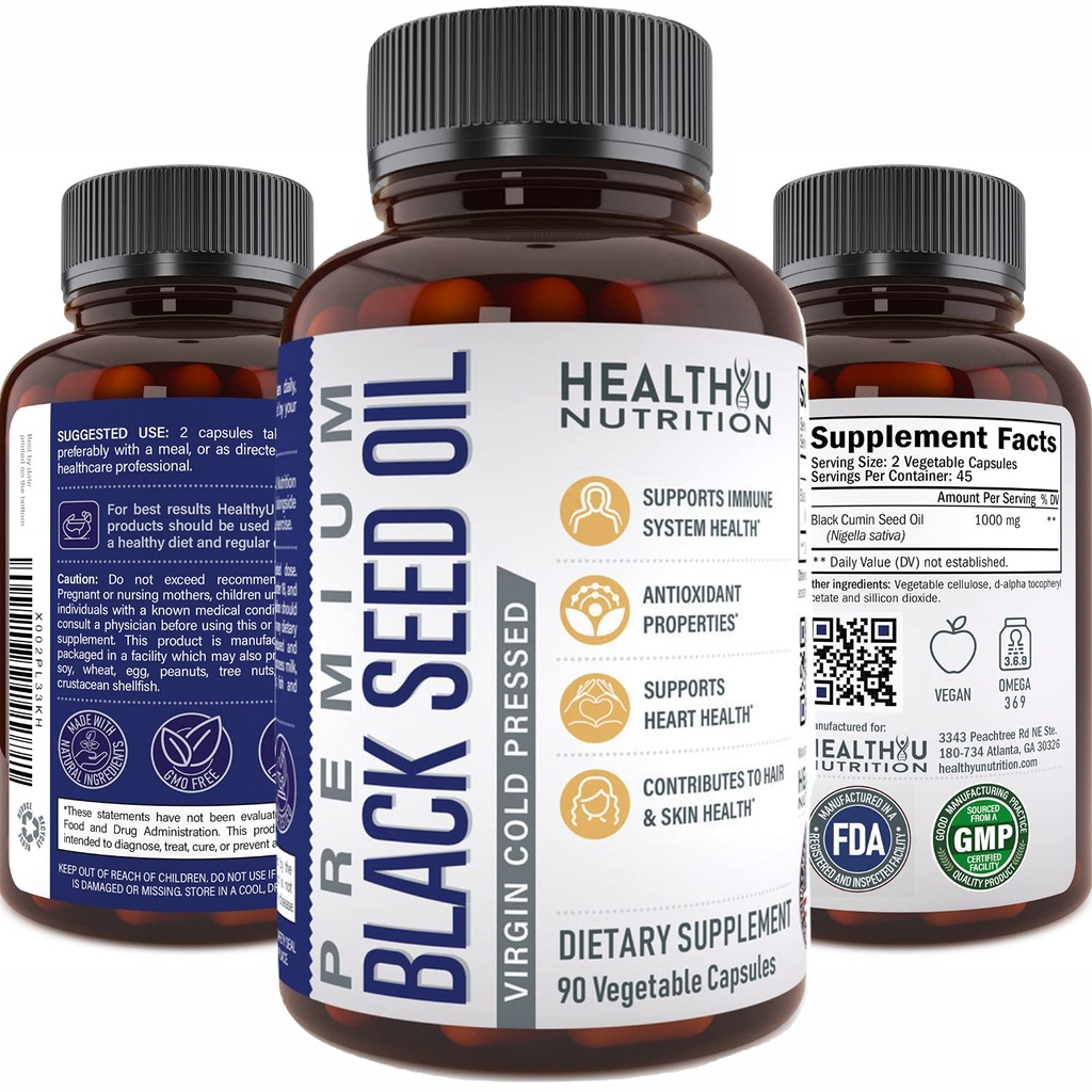 Premium Black Cumin Oil Kapsle - Virgin Cold Pressed Nigella Sativa Black Seed Oil Pills - Imunitní Supplement - Omega 3 6 9 Vitamin E Blackseed pro hřebíky Vlasy kůže 1000 mg p / Serving