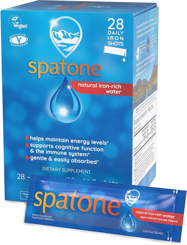 Spatone Natural Liquid Iron Supplement for Women - Men & Kids Ages 4 + - Ideální během těhotenství - Snadno absorbované & Gentle - Vegan - Vegetarian - Original Flavor - 28- Day - 5mg železa per 20ml Sachet
