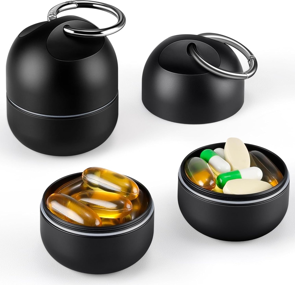 Zannaki malé portable Single Pill Box Keychain - Metal Daily Travel Pill Pořadatel Pouzdro, Vodotěsné Držák pilulek Lahvička, Roztomilý medicína vitamin dodatek Nádoba na kapesní nebo kabelka, černá