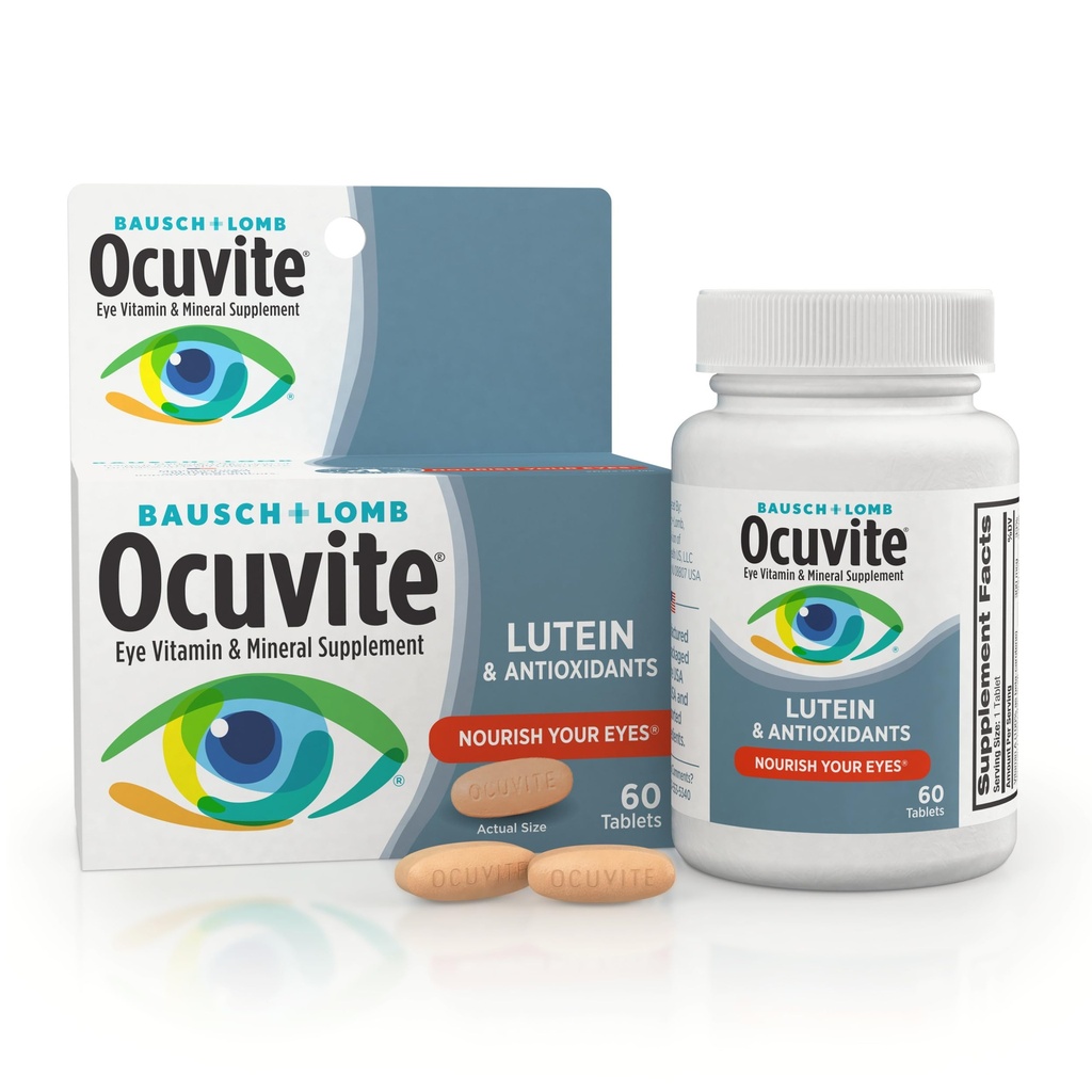 Ocuvite oční vitamin & minerální doplněk, Lutein & Antioxidant vitaminy A, C & E, zinek pro oční zdraví a podporu, vitaminy pro oči, 60 tablet