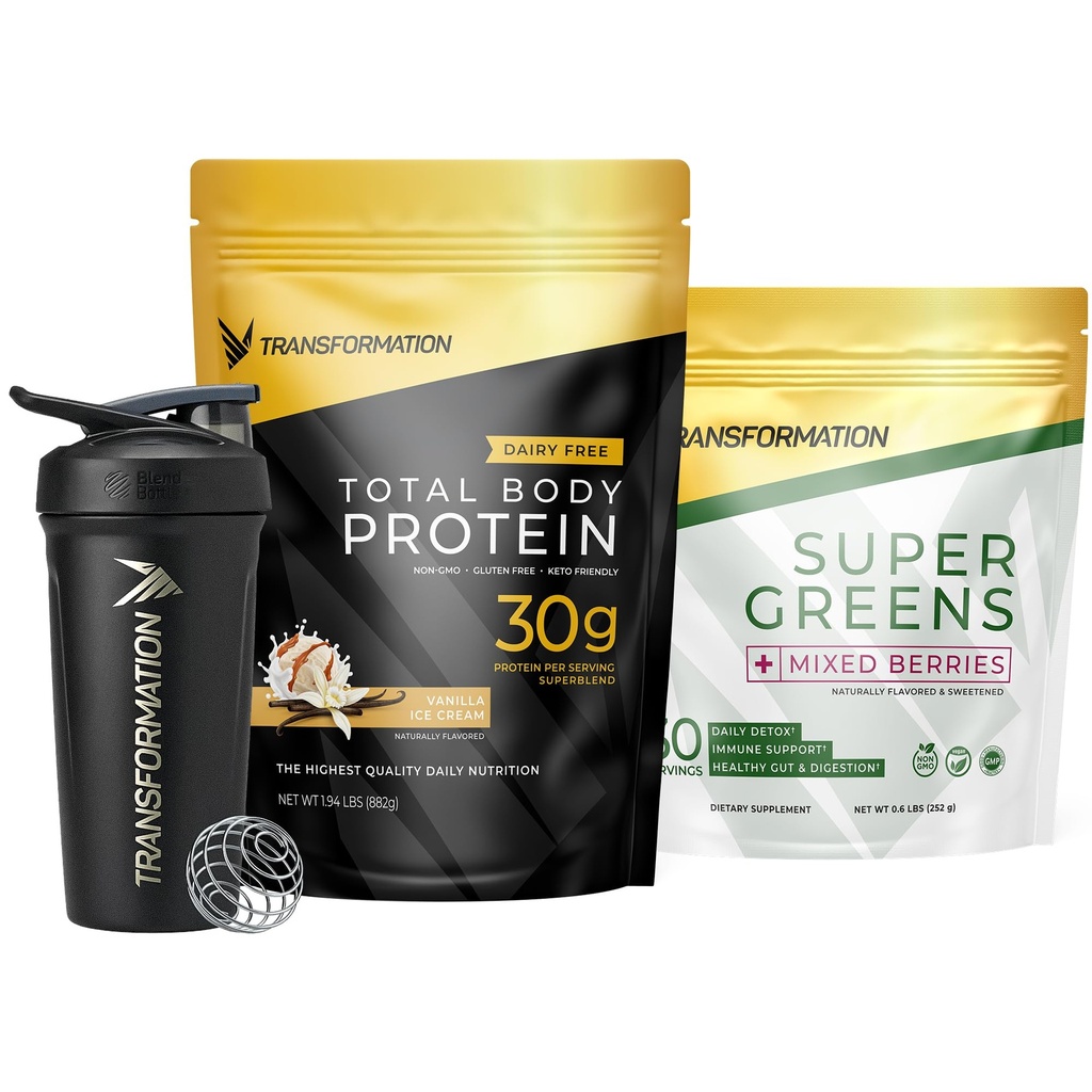 Transformace Vanilla Protein Powder, Super Zelené Superfood Green Juice Powder a Performance Izolovaný Shaker Lahev