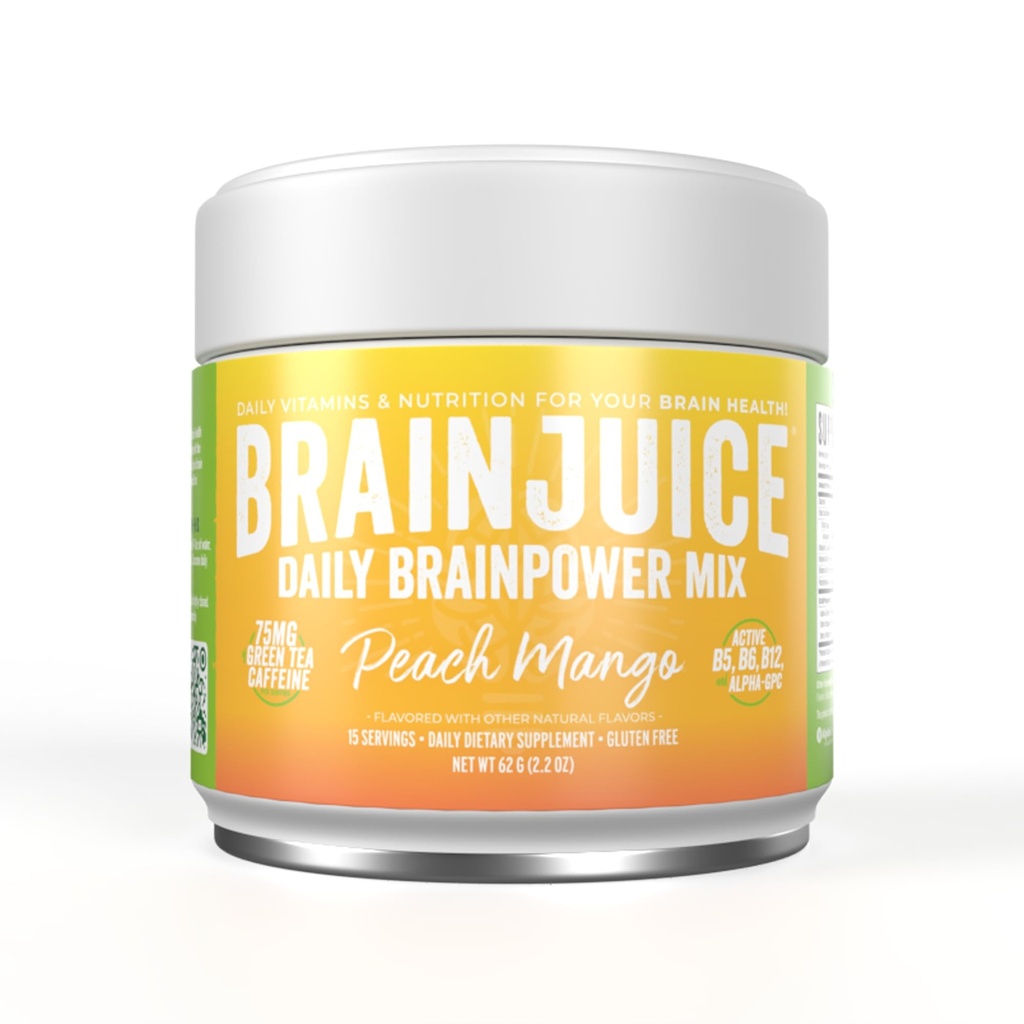 BrainJuice Nootropics Brain Support Supplement, Gluten Free Powder for Energy and Focus, Drink Mix s L Theanine, Alpha GPC, Vitamin B, Organic Green Tea Extract Caffeine, Peach Mango, 15 Služeb