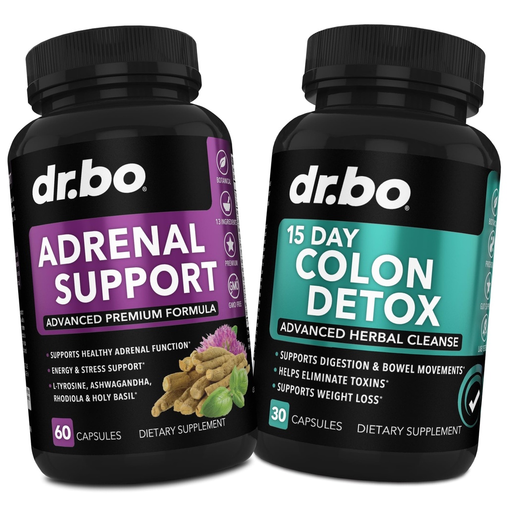 Dr. BO Adrenal Support & Colon Cleanse doplňky - Adrenal Únava dodatek s Ashwagandha & L Tyrosin - 15 dnů Intestinal Cleanse pilulky pro Bowel Movement Support & Gut Stomach Cleansing