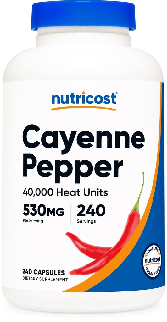 Nutricost Cayenne Pepper 530mg, 240 Kapsle - 40 000 Tepelné jednotky, Gluten Free, Non- GMO