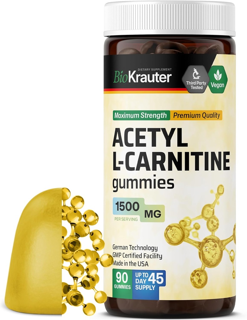 BIO KRAUTER Acetyl L Karnitin Gummies - 1500 mg Síla - 90 Vegan Chews - Amino Acid Acetyl L Carnitin Supplement - Pectin- based, Non- GMO