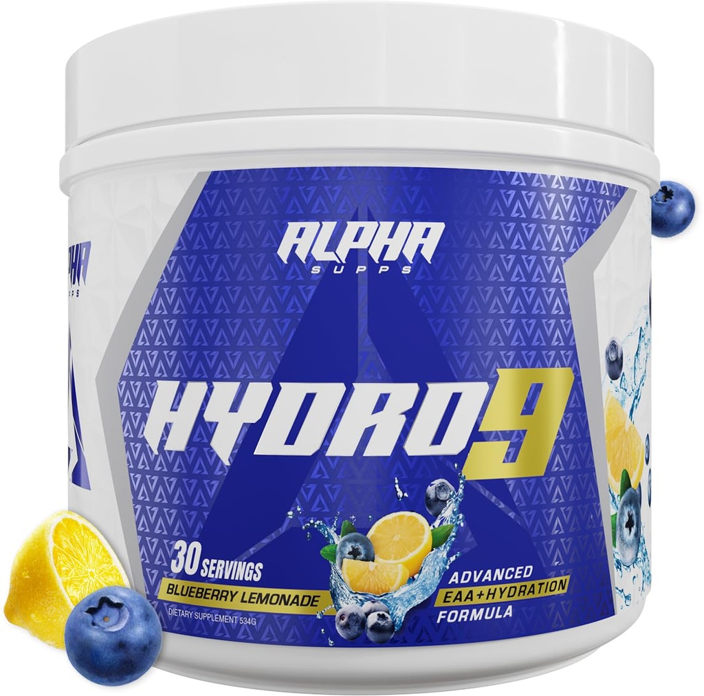 Alpha Supps Hydro 9 Aminos S124; EAA + Hydratační vzorec S124; Esenciální aminokyseliny EAAs Powder with BCAA & Electrolytes 30 Servings - Blueberry Lemonade