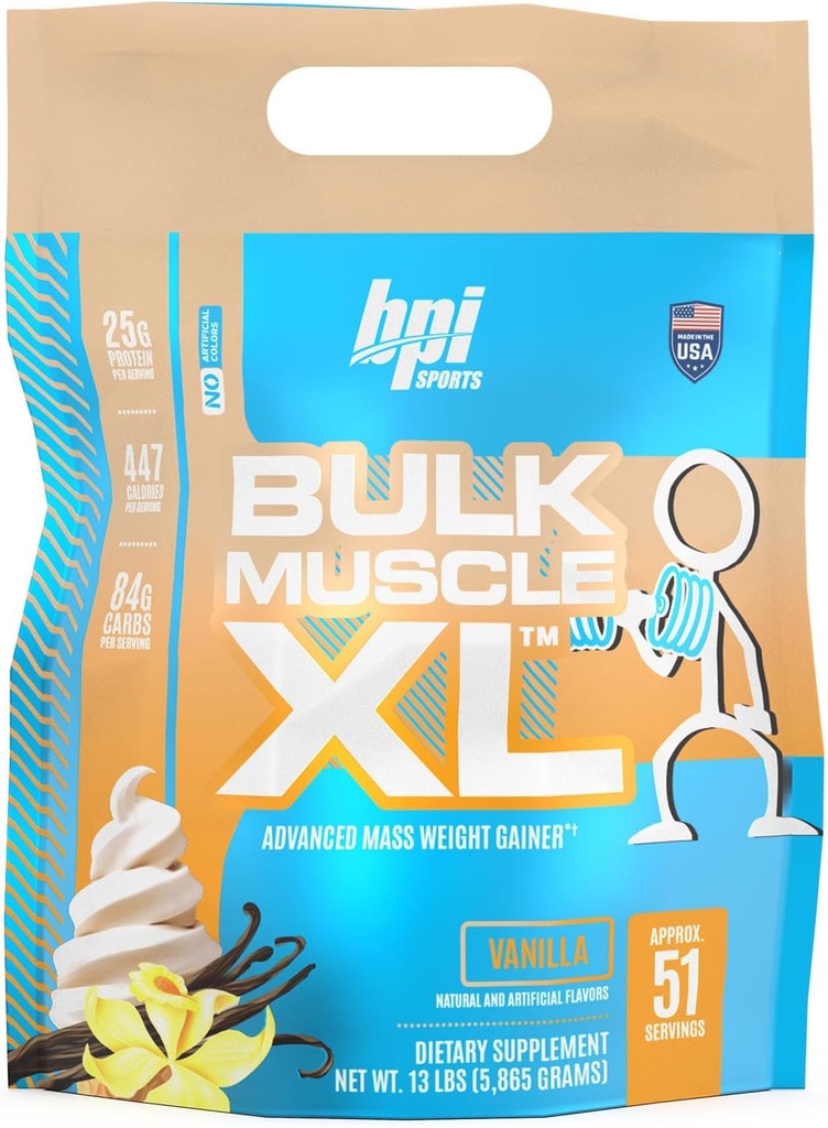 BPI Sports Bulk Muscle XL - Pokročilý hmotnostní zisk pro závažné budování svalů a zotavení, 25g protein & 497 kalorií per Serving - čokoláda, 13lb Bag (13lb, Vanilla)