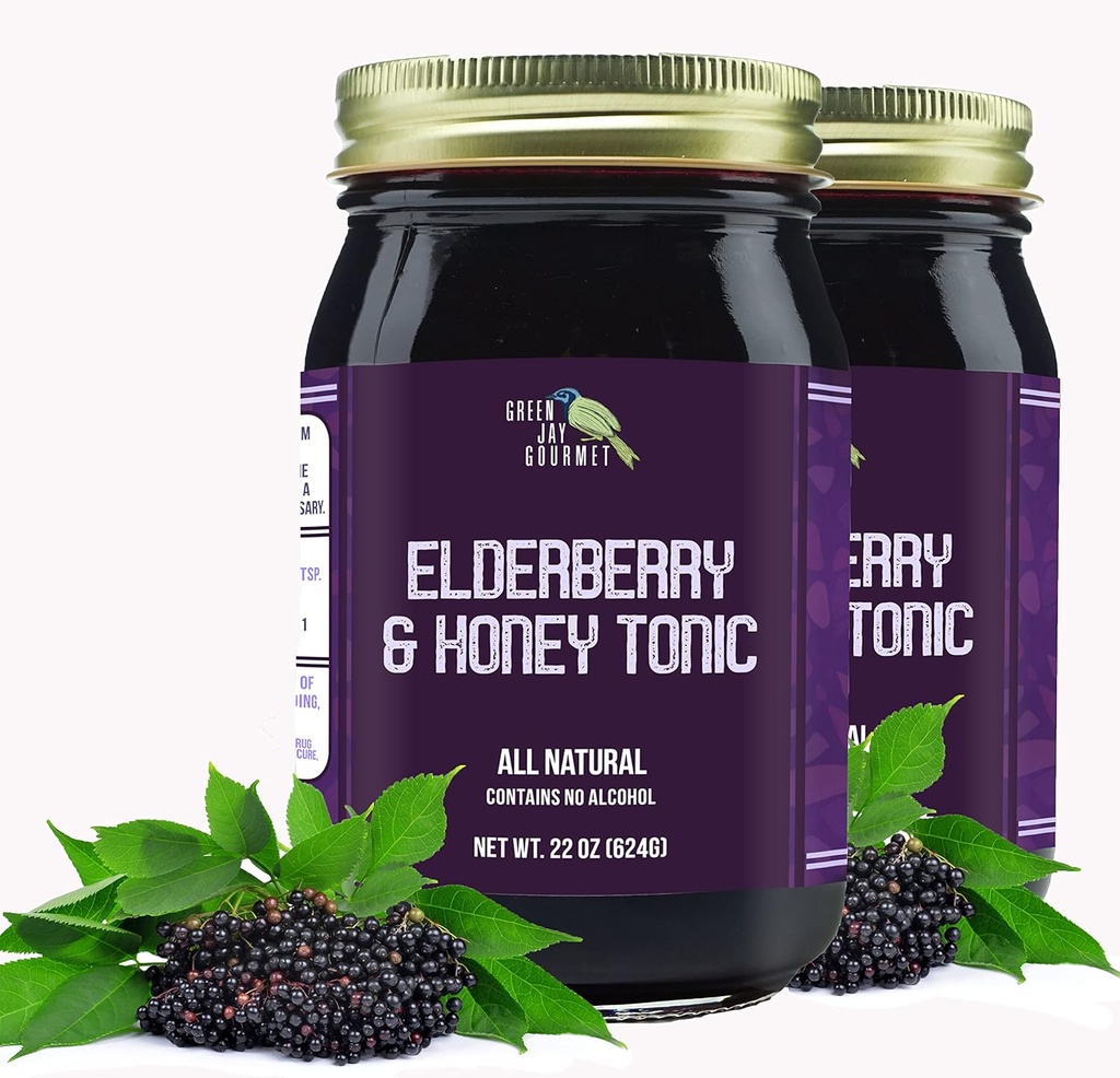 Green Jay Gourmet Elderberry Tonic - All Natural Elderberry Syrup - Elderberry Imunitation Support for Kids & Dospělí - Powerful Elderberry & Honey Blend - Sambucus Elderberry Syrup - 2 x 22 Ounces