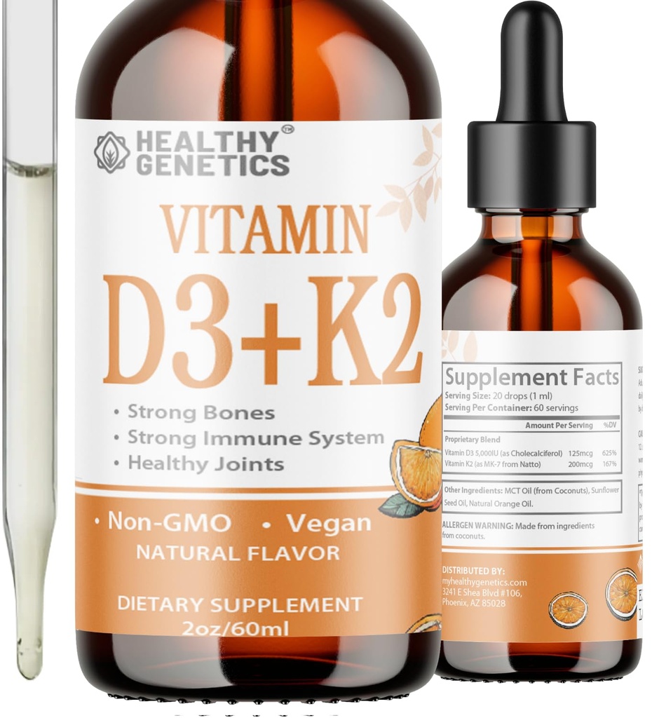 Tekutý vitamin D3 K2 Plus Vitamin K2 MK-7 PHAR124; 5000IU Vitamin D Kapky tekuté 124; Kosti 124; Imunitní GART124; Heart Health PHART124; Boost Energy 2oz