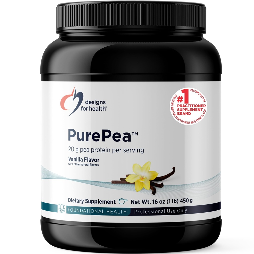 Designs for Health PurePea - 20g Vegan Pea Protein, Non- GMO Natural Drink Mix Powder Supplement, Vanilla (15 Servings / 450g)