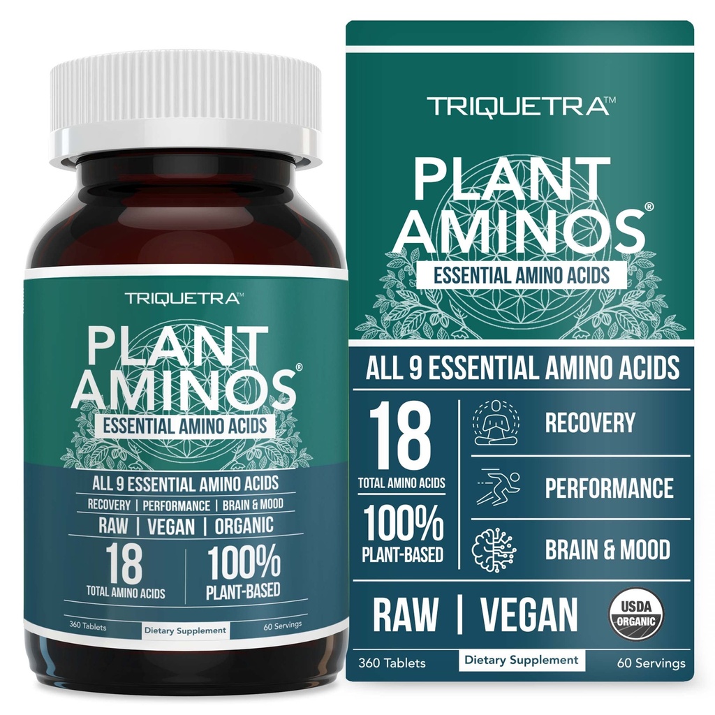 Plant Aminos Organic Essential Amino Acid Supplement (EAA) & BCAA - 100% Plant- Based Raw, Vegan - All 9 Essential Amino Acids with 18 Total Amino Acids (360 Tablet)
