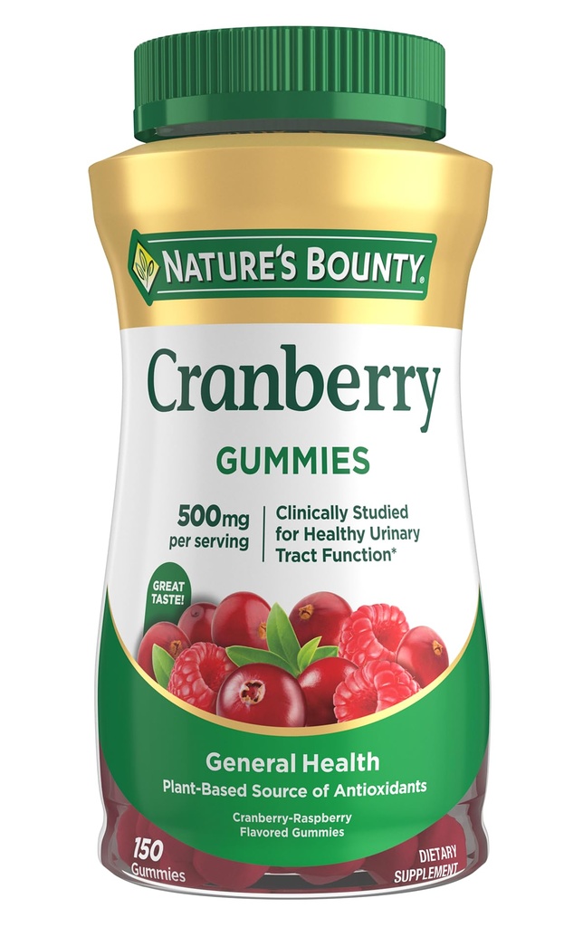Přírodní Bounty Cranberry Gummies, Podpora močových cest, 500 mg, Cran- Raspberry Flavor, 150 Ct