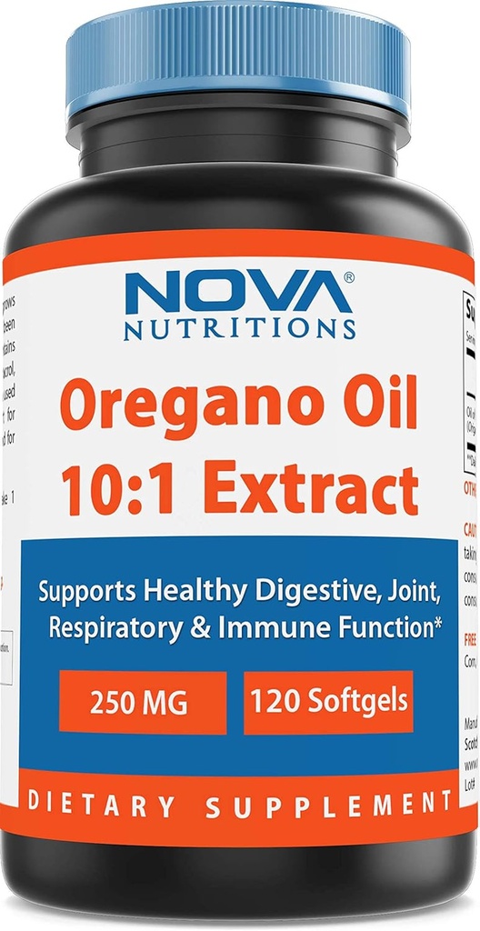 Nova Nutritions Oregano Oil 250 mg 10: 1 Extrakt - Non- GMO & Gluten Free - Oil of Oregano pills - Imunitní podpora - 120 Softgels