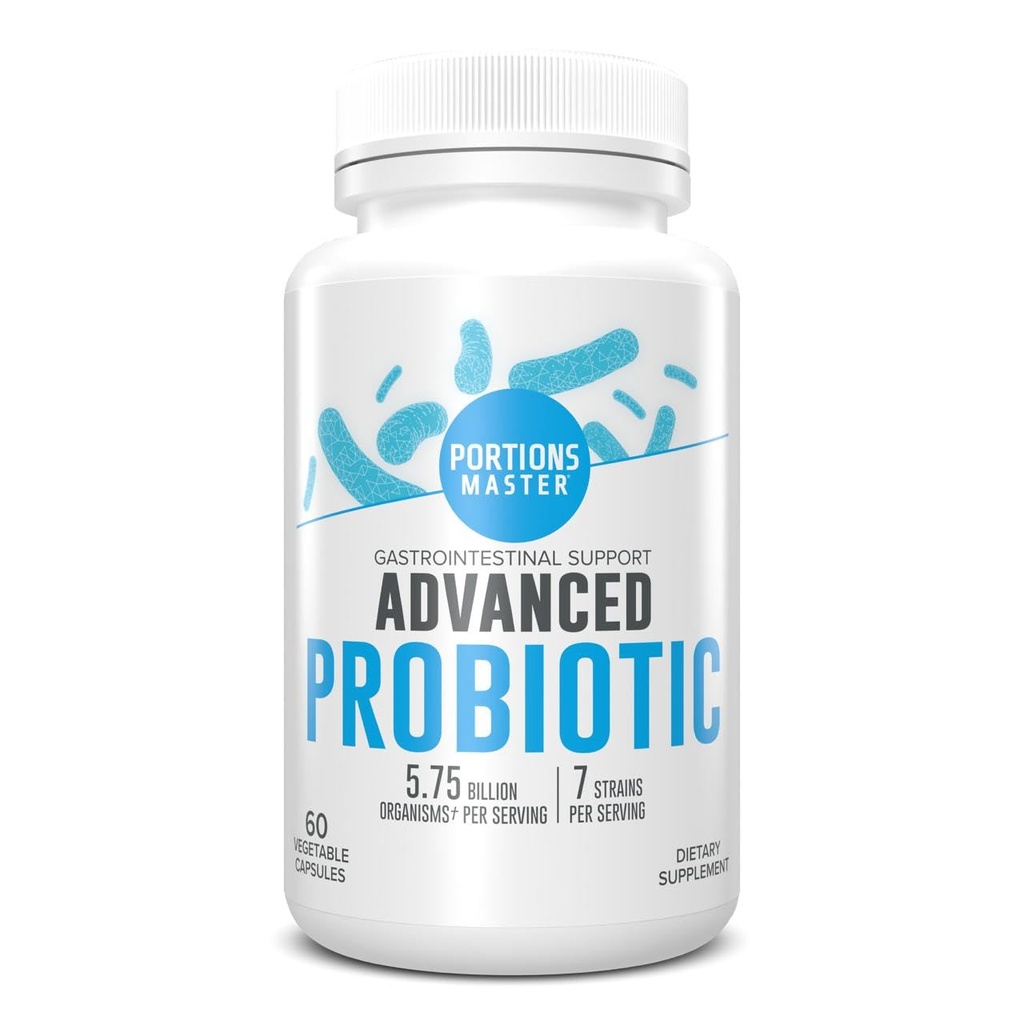 Portions Master Probiotics 5.75 Bilion CFU, Denní Probiotický a organický prebiotický doplněk pro Gut zdraví, stravovací podporu a imunitní rovnováhu, non-GMO, gluten- Free, Dairy- Free (60 Kapsle)