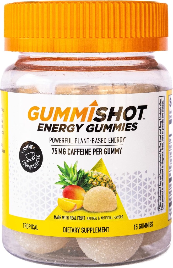 GummiShot Energy Gummies, 1125 mg z Plant- Based Caffeine Chews per Bottle, Long Lasting Energy Boosters, Tropical (15ct)