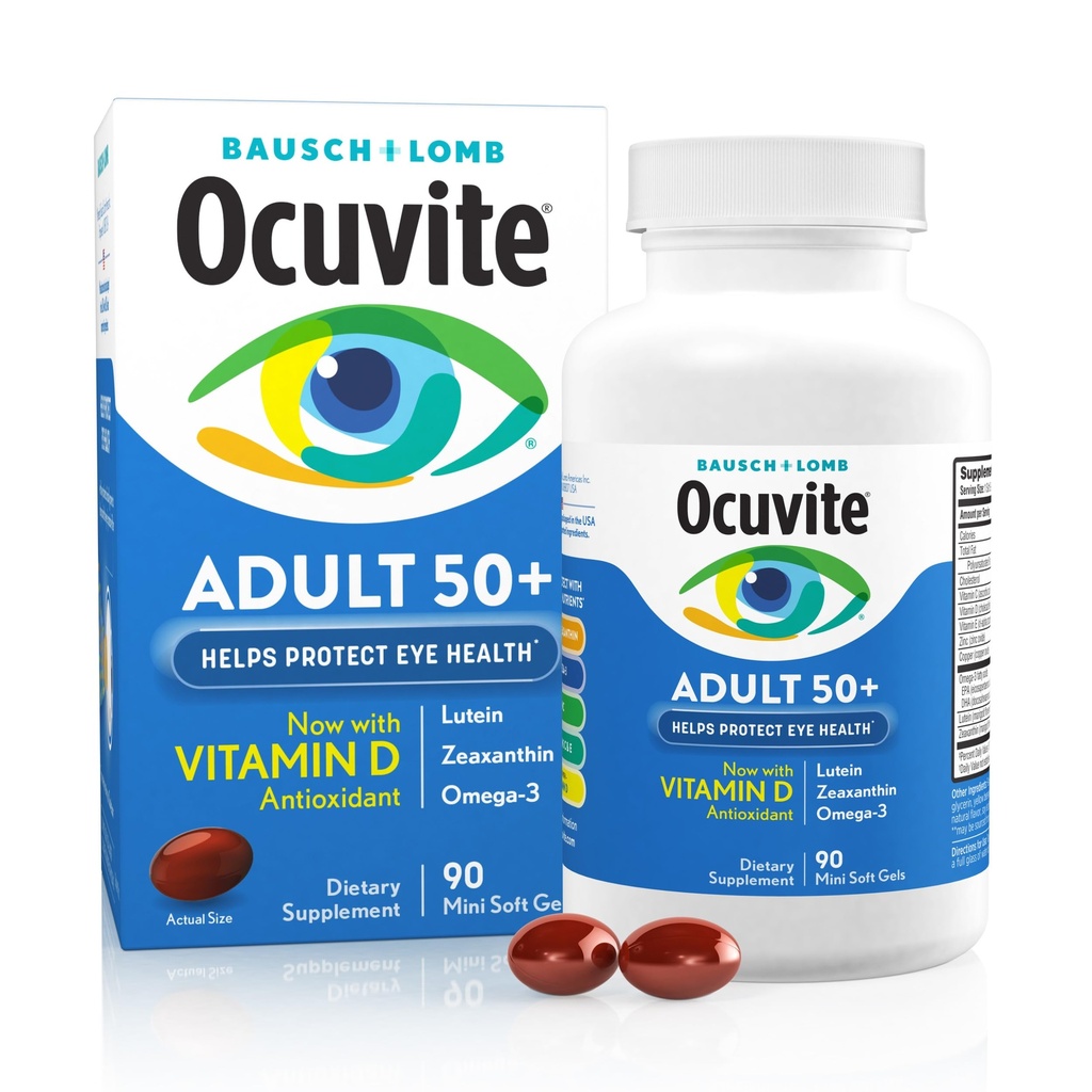 Ocuvite 50 + oční vitamin & minerální doplněk, Multivitamin pro vidění a oční zdraví s Omega-3, zinek, vitaminy C & E, Lutein & Zeaxanthin, zinkové doplňky pro ženy a muže, 90 Softgels