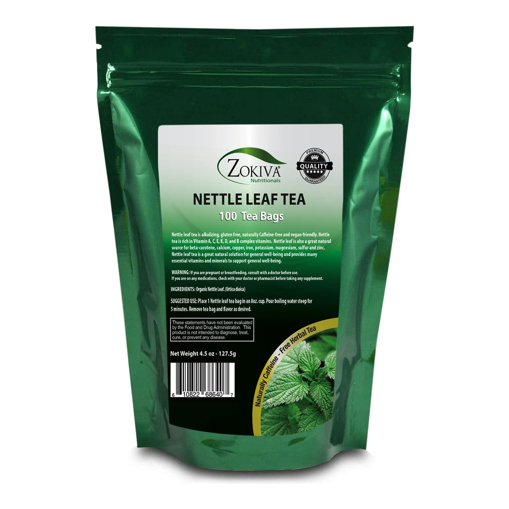 Zokiva Nutritionals - Nettle Leaf Tea Bags Mega Pack - 100 Premium Kvalita Pohodlné organické bylinné čajové sáčky - Caffeine- free a Vegan- friendly In a Resealable Stand Up Zip Lock Pouch