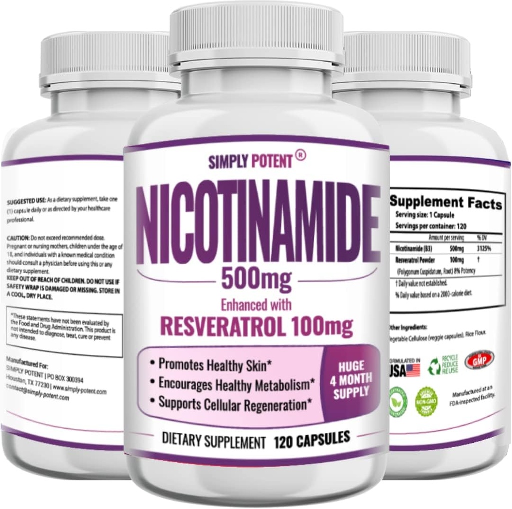 Nikotinamid 500mg s Resveratrol 100mg - 120 Veggie Kapsle - Vitamin B3 Doplněk pilulky na podporu NAD, Kožní buňky zdraví a energie