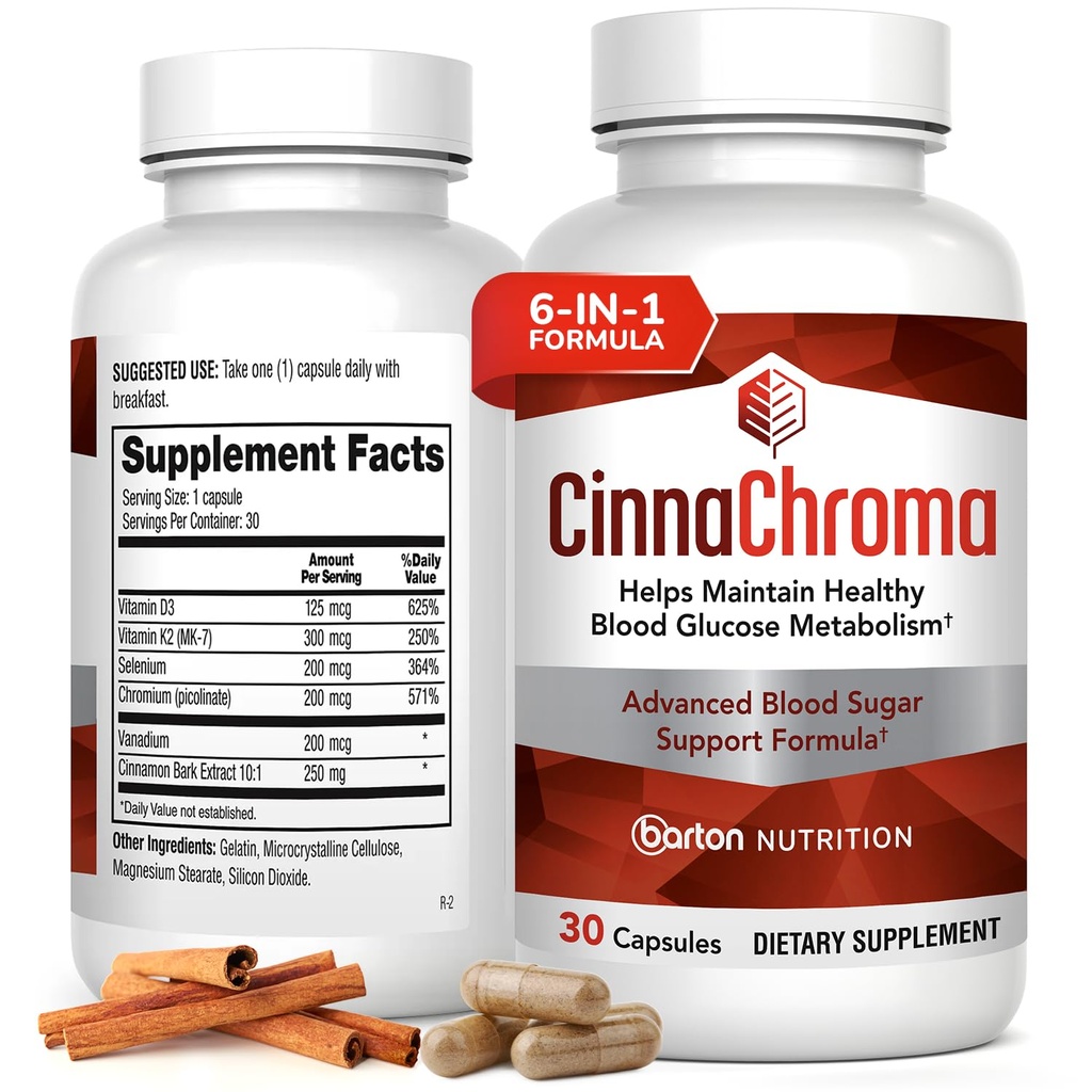 CinnaChroma Kapsle - Skořice doplňky s 10: 1 Extract, Chrom, Vanadium, Selen, Vitamin D3 & K2 - Přírodní cukr Block - 30 Kapsle, 1 měsíc Dodávka
