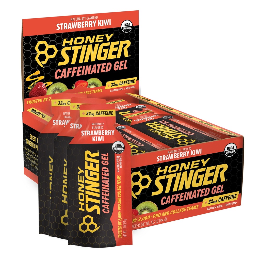 Honey Stinger Strawberry Kiwi Energy Gel, Caffeinované a gluten zdarma s organickým medem, pro cvičení, běh a výkon, Sportovní výživa pro domácí & Gym, Pre a střední cvičení, 24 Pack