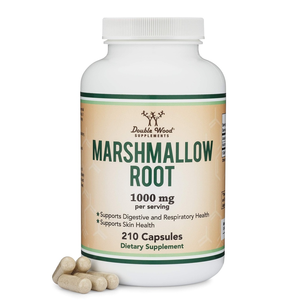 Marshmallow kořenové kapsle (210 Počet, 1,000mg na servírování) High in Mucilage na podporu dýchání, kůže a gut opravy (Vegan Safe, gluten zdarma) od Double Wood