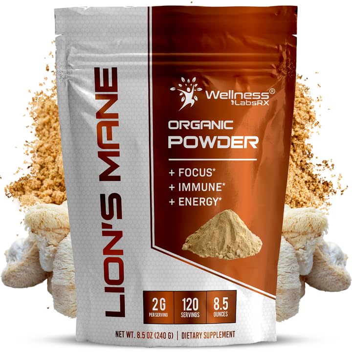 WELLNESS LABSRX Lions Mane Powder, Houbový dodatek - 2000mg - Lví hříva Příplatek - Lví hříva Houba Práškový mozek doplňky pro paměť a soustředění, Imunitní podpora a zdraví - 120 Služeb