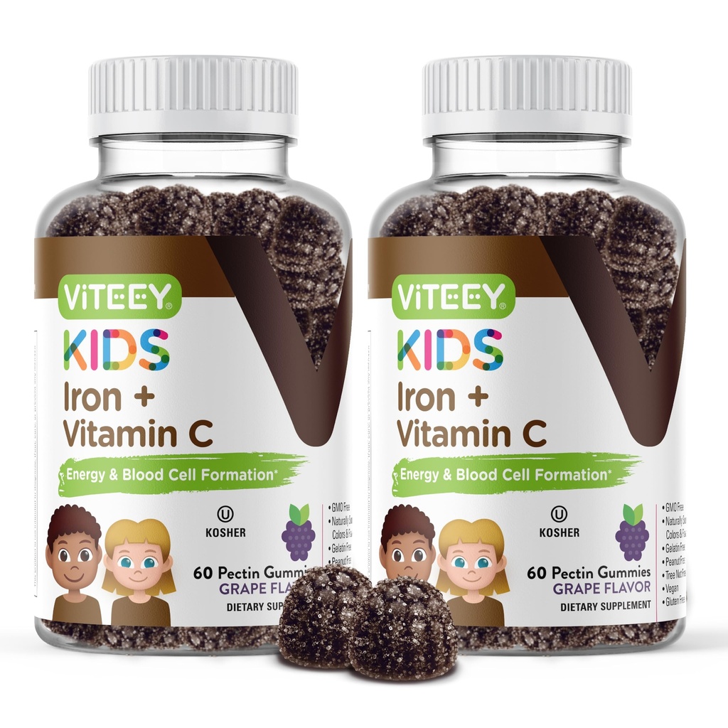 VITEEY Železo pro děti s vitamínem C - Podporuje energii, krevní buňky Formulace, krevní stavitel Anémie Děti Železné doplňky - Vegan, želatina zdarma, gluten zdarma - Chutné žvýkací zrna ochucené Gummy