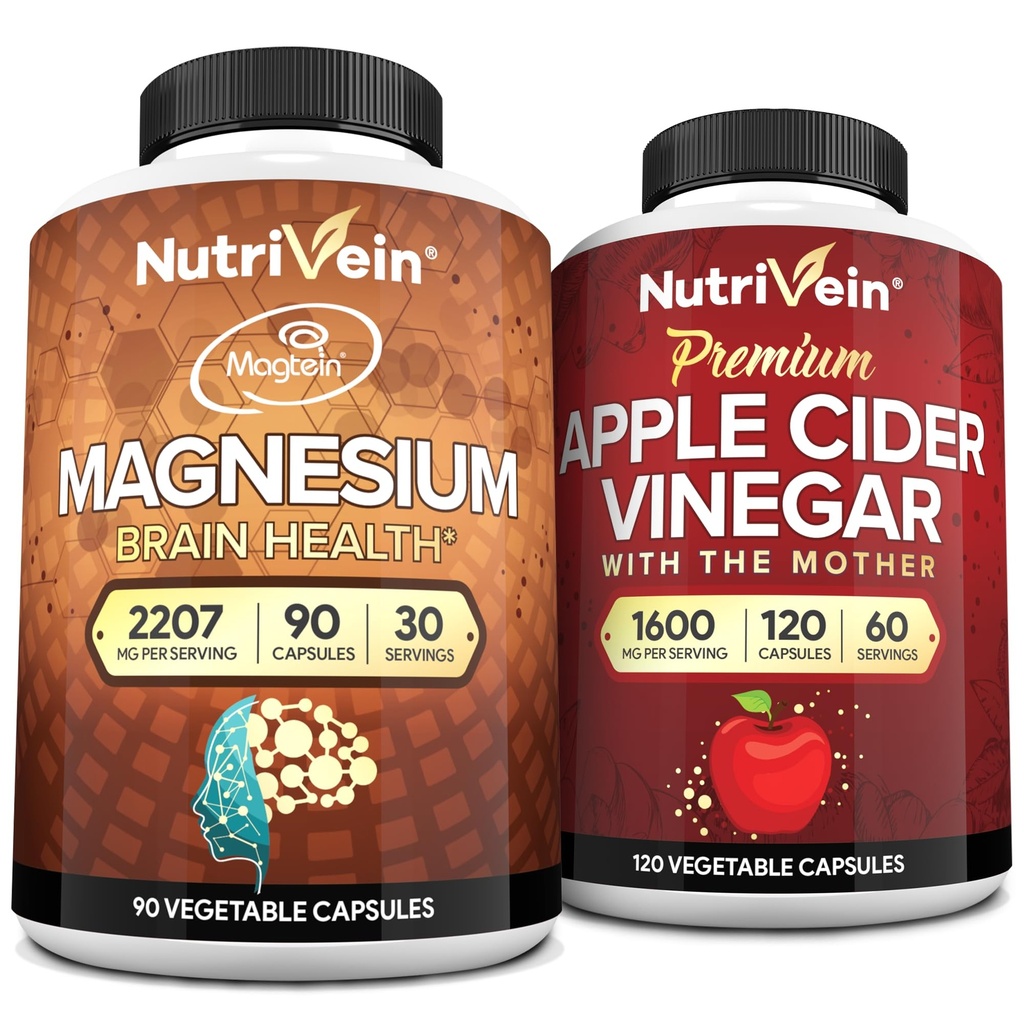 Nutriční Premium Jablečný ocet Kapsle & Magnesium L- Threonát Bundle: High- Absorpce Magnesium Threonát Dodatek a Apple Cider Ocet doplňky pro mozek, gut, & Celkově Well- Being